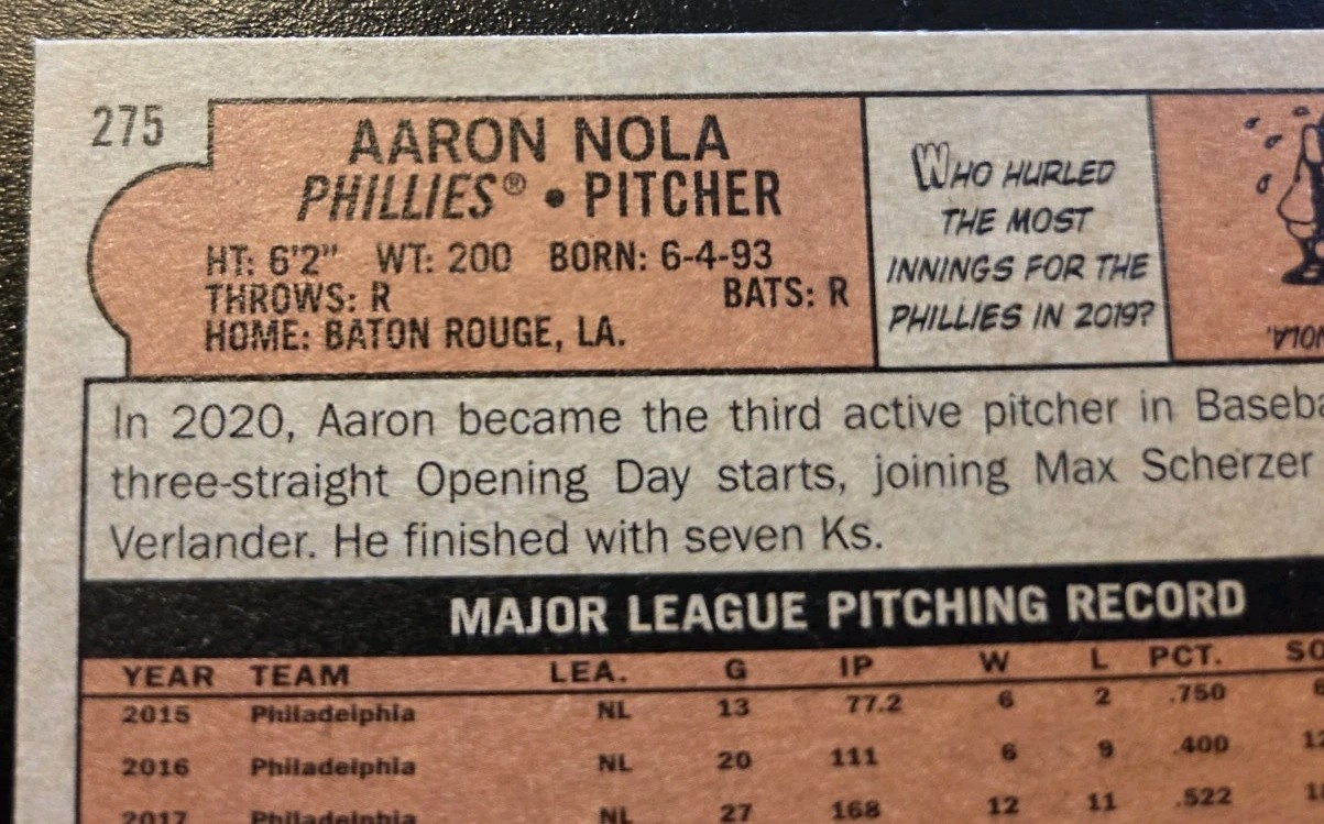 2021 Topps Heritage Baseball Aaron Nola #275 Philadelphia Phillies