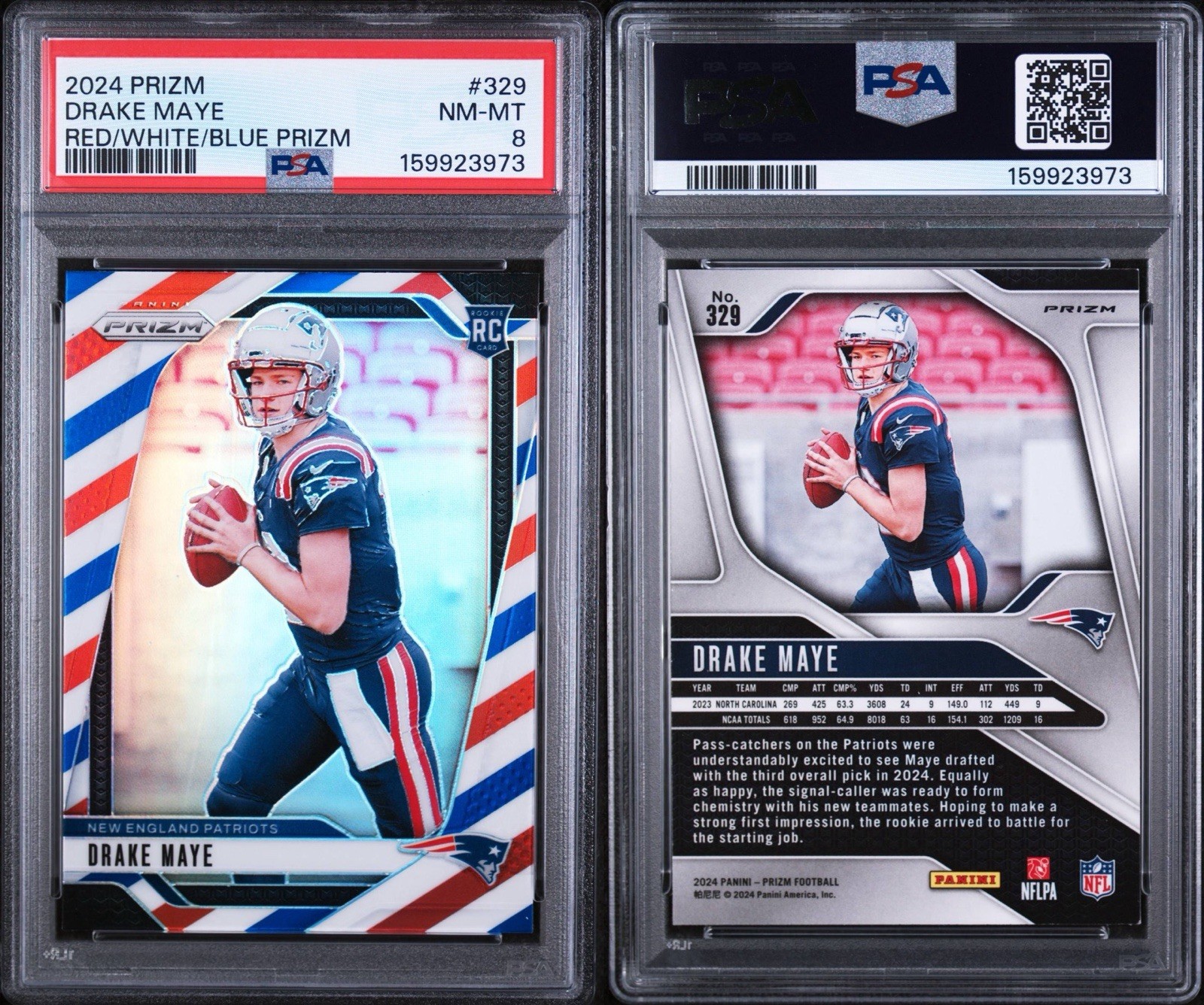 2024 Panini Prizm – Rookies Drake Maye #329 Red White & Blue Prizm (RC) PSA 8