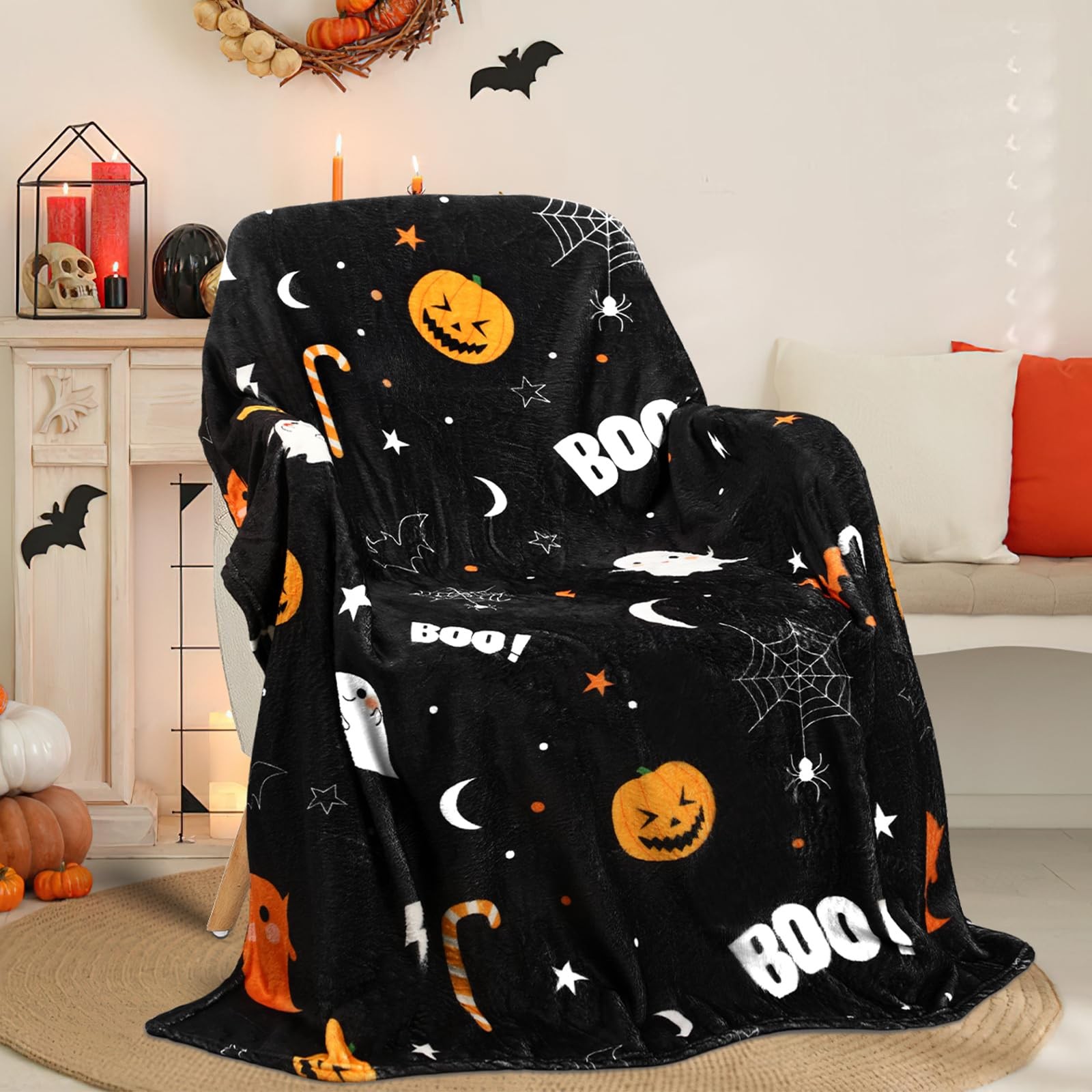Jansun Halloween Blanket Black Throw Pumpkin Funny Ghost 50 x 60 in,