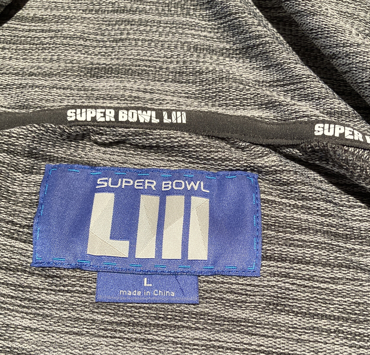 NWOT Mens Super Bowl LIII 53 Full Zip Hoodie Rayon Polyester Spandex blend Large