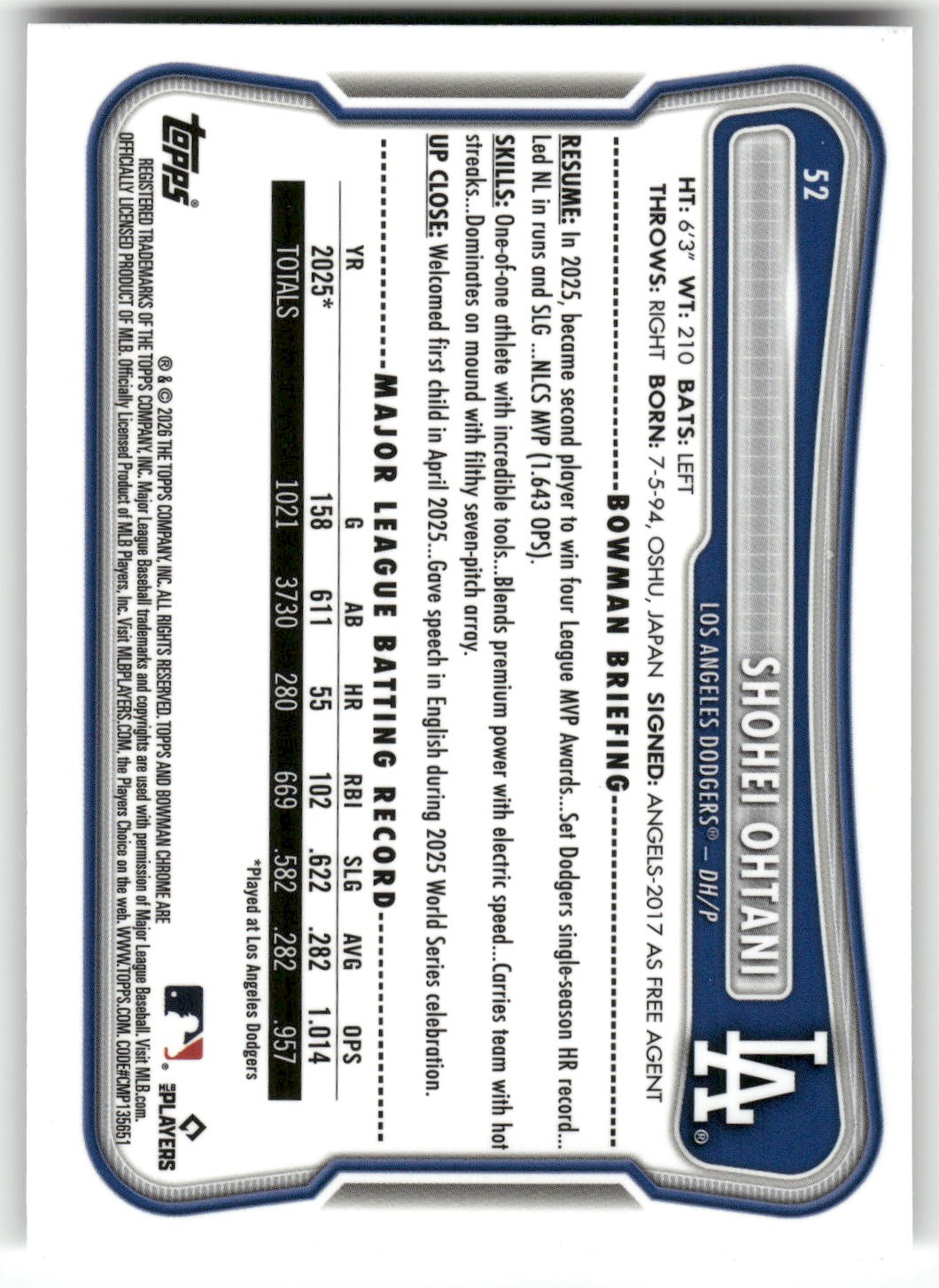 2026 Bowman #52 Shohei Ohtani Chrome Mojo Refractors