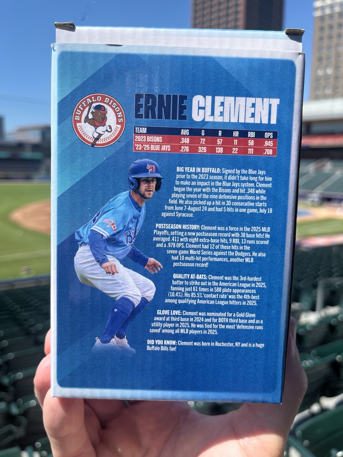 Buffalo Bison ERNIE CLEMENT Bobblehead In A Box 7/12/26 Toronto Blue Jays