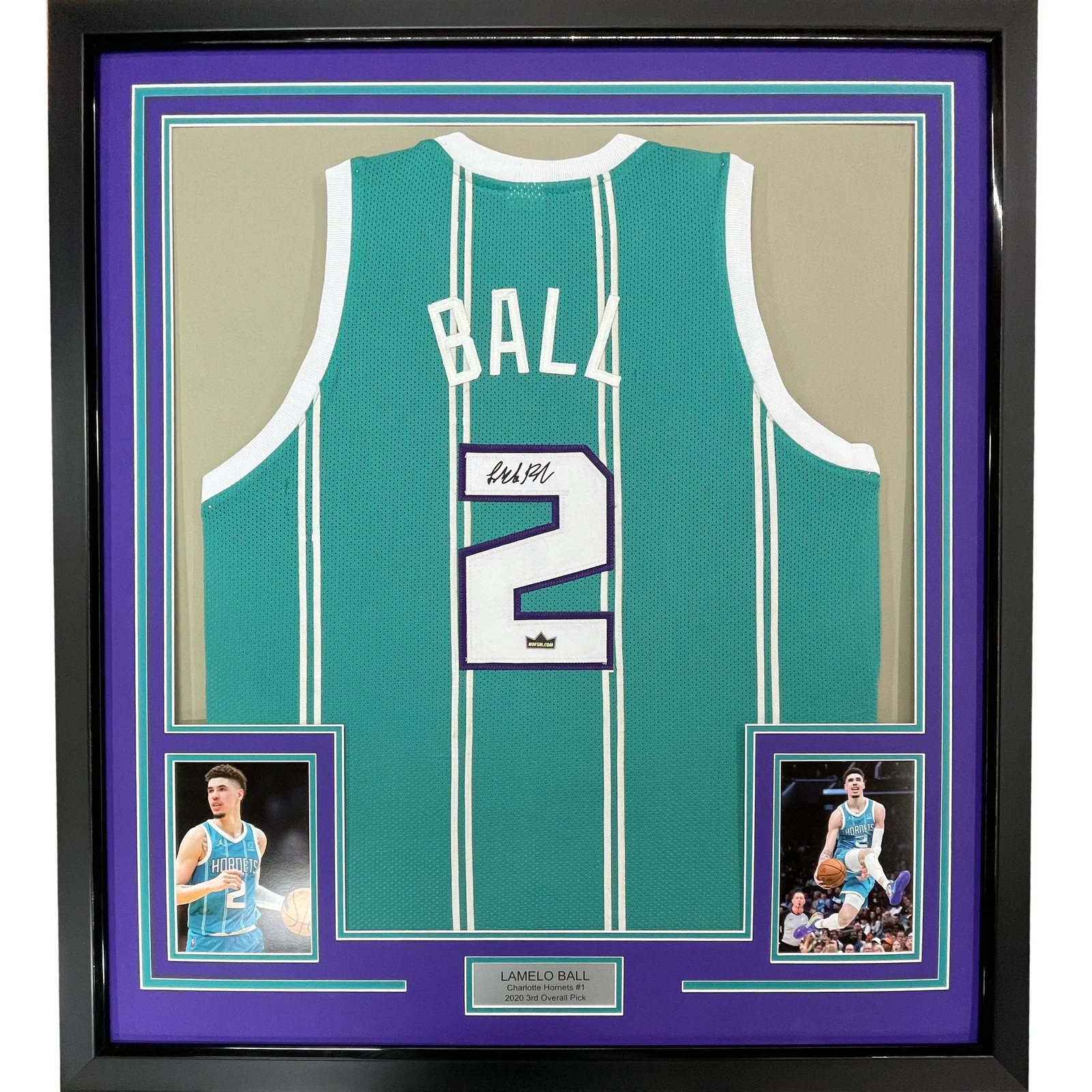Framed Facsimile Autographed LaMelo Ball 33×42 #2 Teal Reprint Laser Auto Jersey