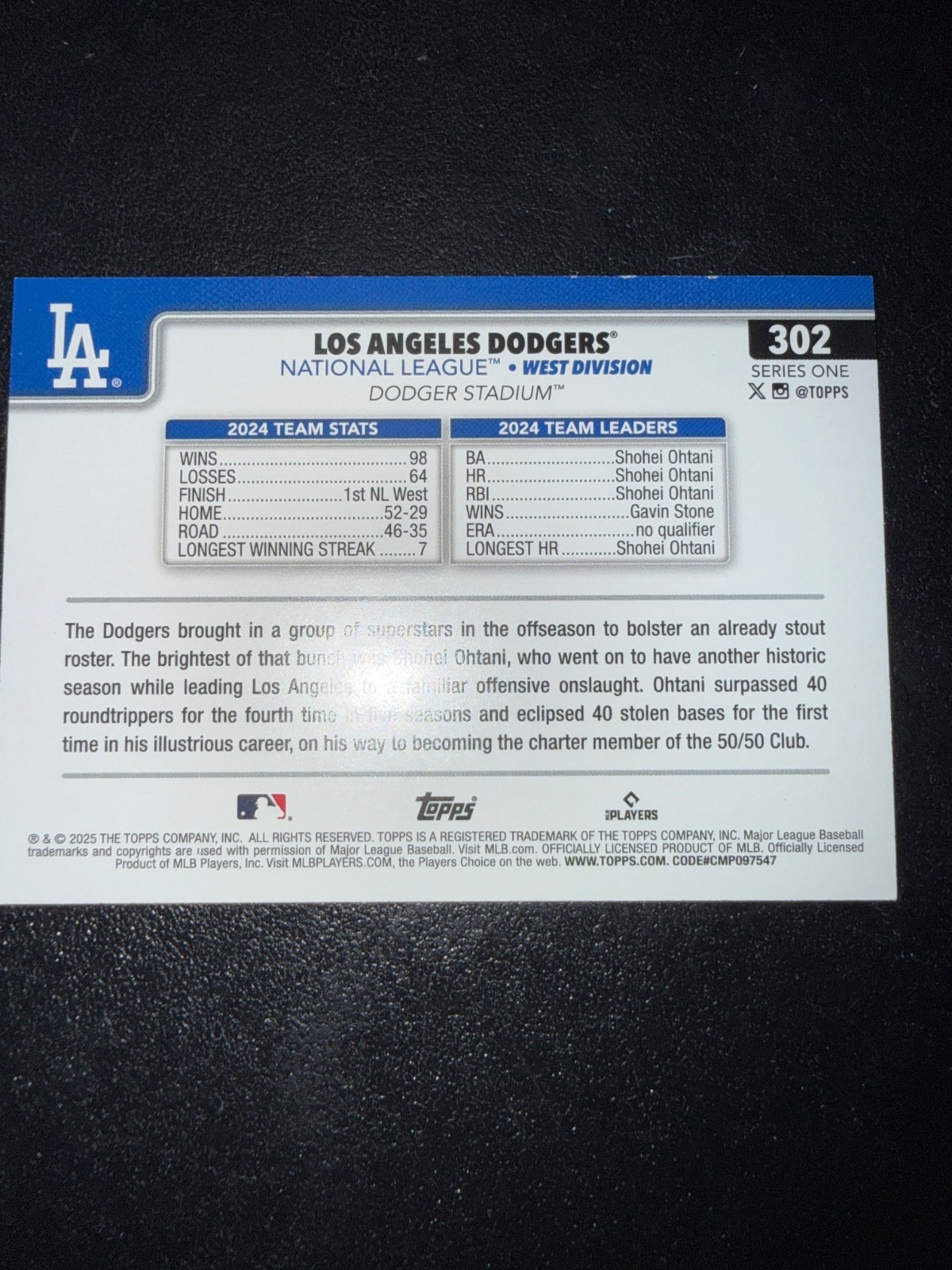 Los Angeles Dodgers 2025 Topps Series 1 Team Game Sparkle Silver Foil #302 Card