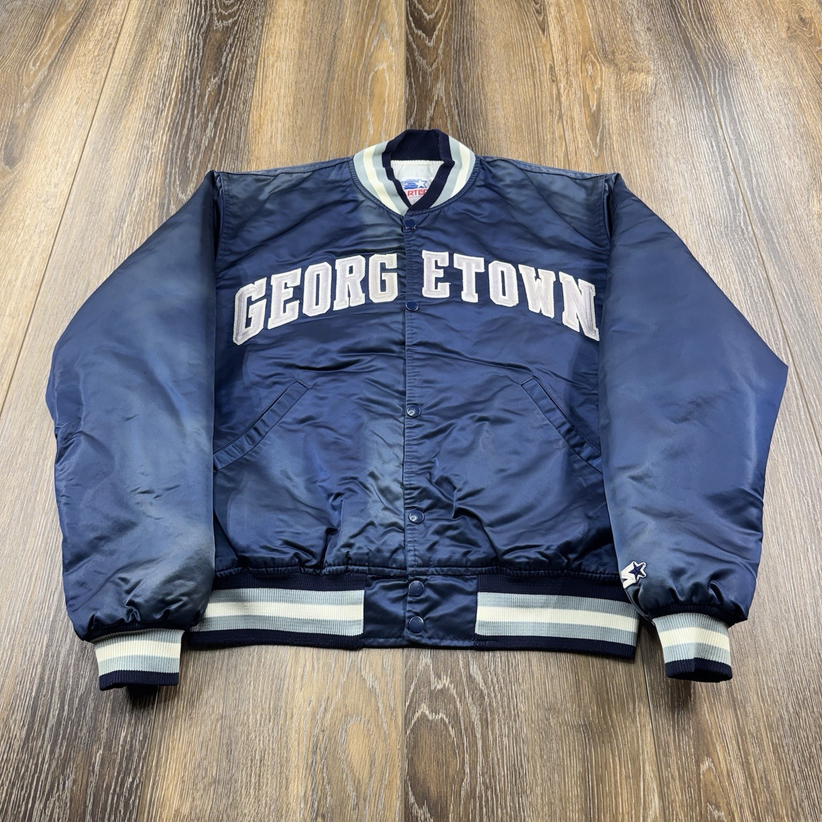 Vintage Georgetown Hoyas Satin Bomber Jacket Mens XL Blue Starter USA 90s Coat