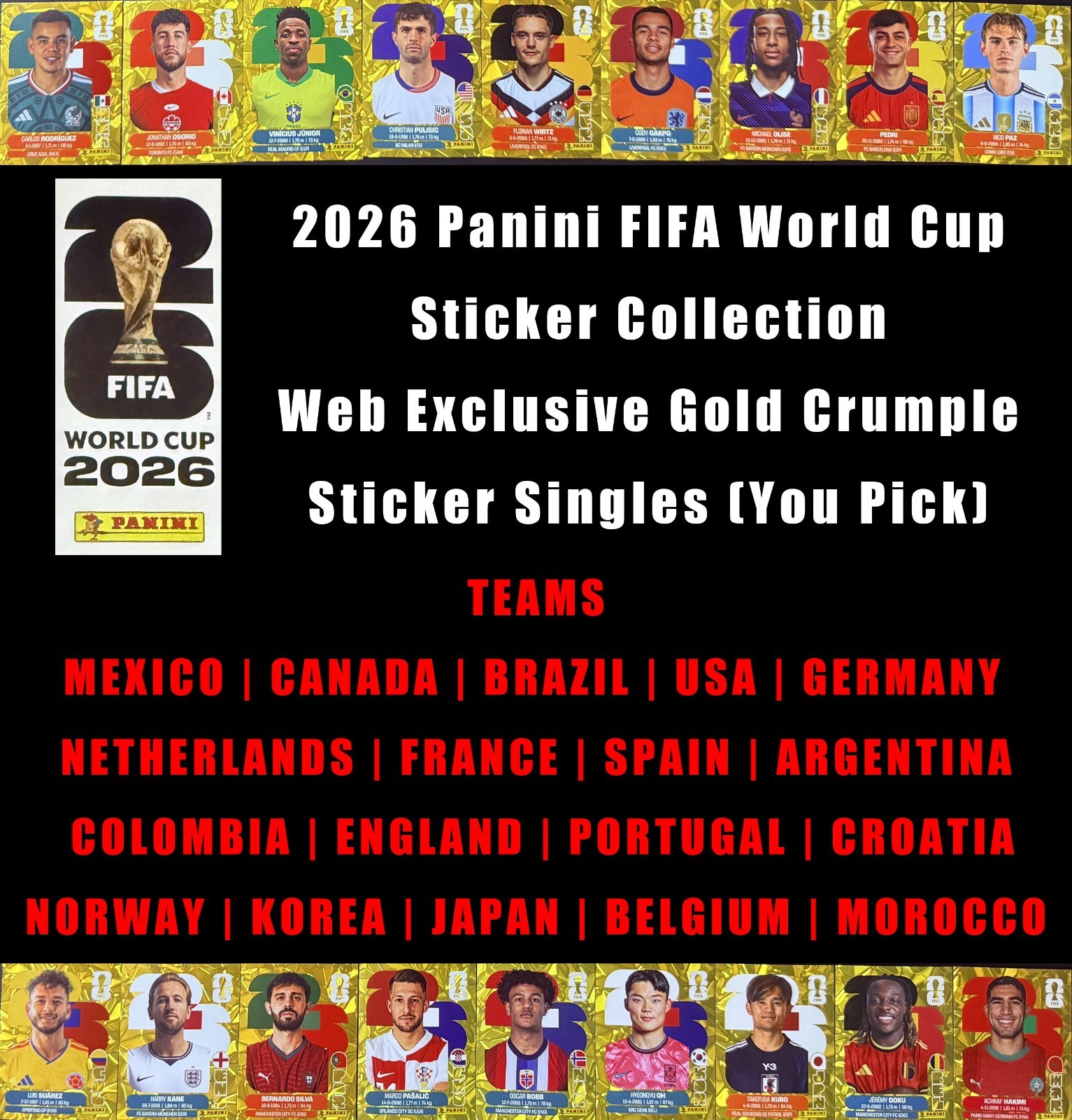 2026 Panini FIFA World Cup Sticker Gold Flood Crumple Singles Hot Teams (U Pick)