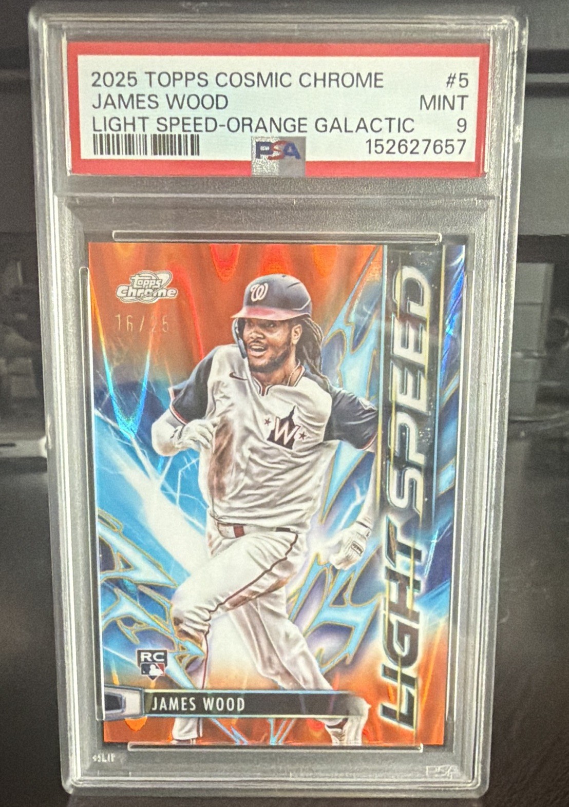 Topps 2025 Chrome James Wood RC Lightspeed LS-5 Orange Galactic #’d /25 PSA 9