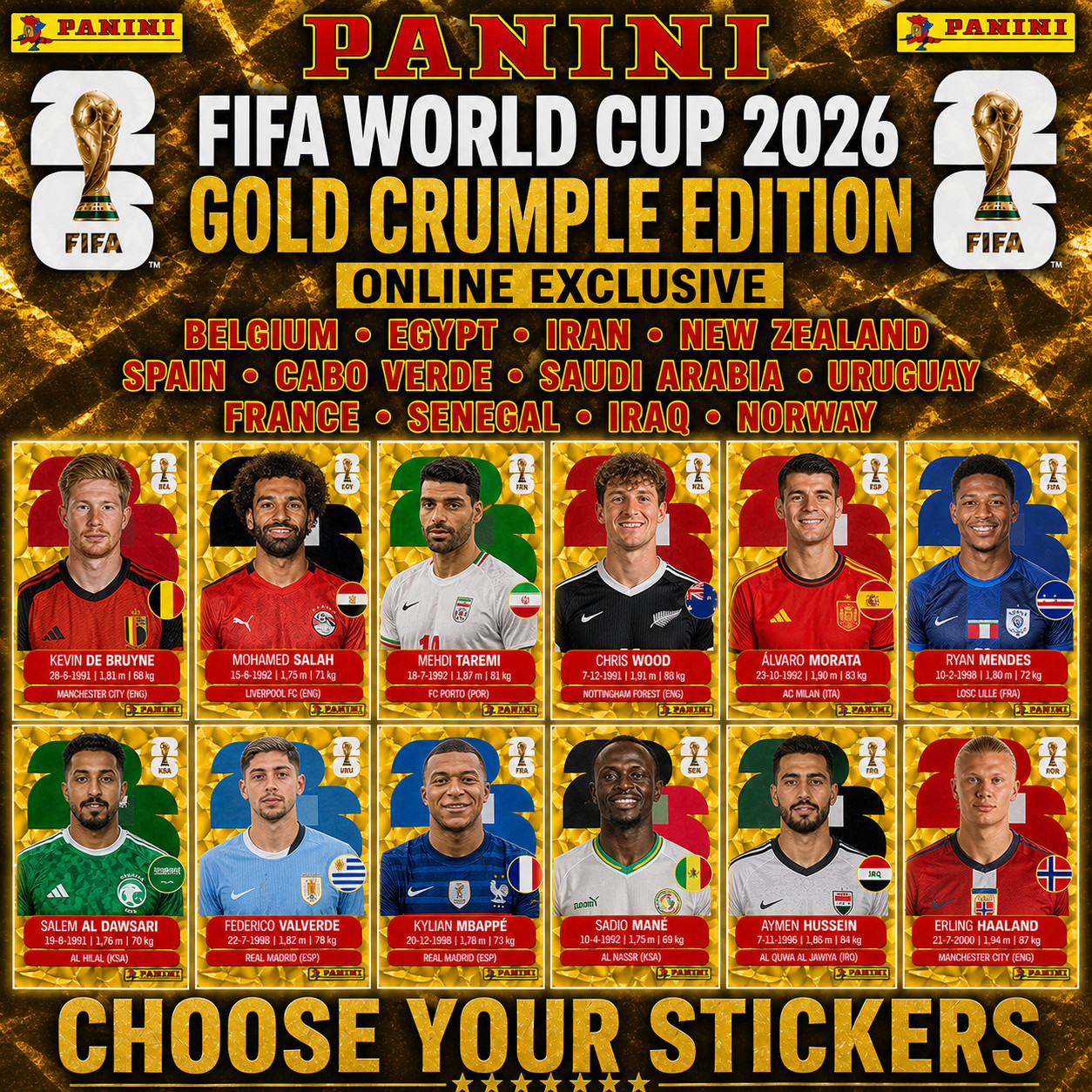 * YOU PICK * 2026 Panini FIFA World Cup Stickers Pick BEL to NOR – GOLD CRUMPLE