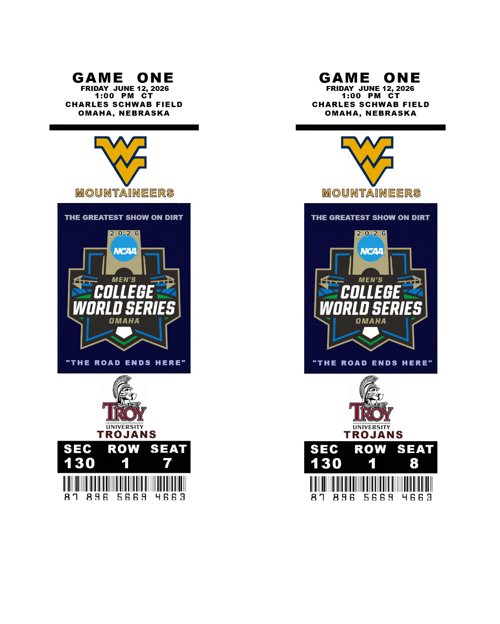 WEST VIRGINIA @ TROY 2026 CWS COLLEGE WORLD SERIES GAME ONE 2 COMMEMORATIVE TIX