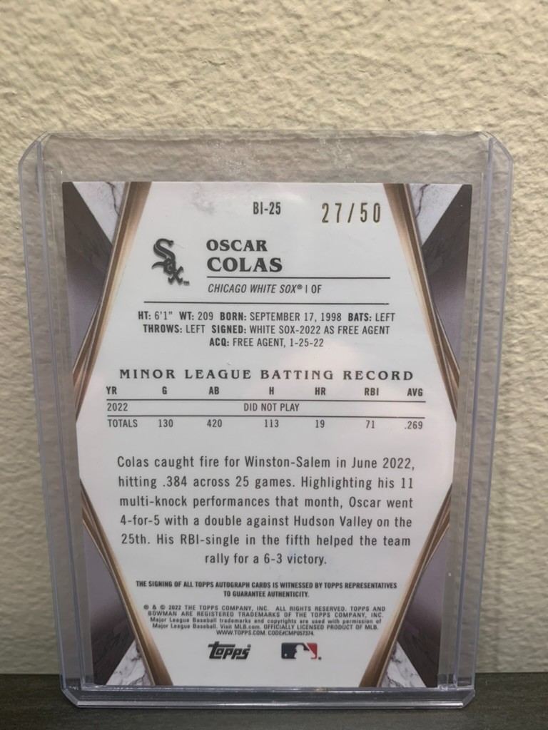 2022 Bowman Draft Oscar Colas Invicta Atomic Gold Refractor Auto /50 White Sox