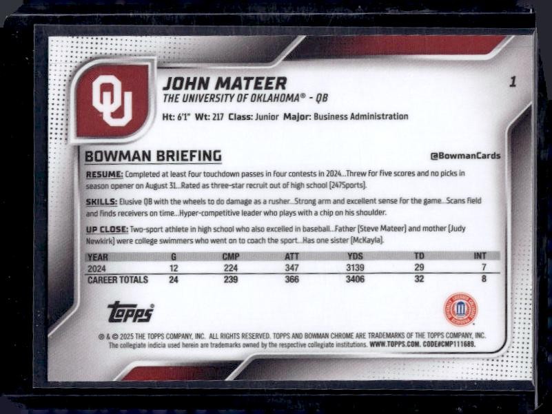 2025 Bowman University Chrome #1 John Mateer Green Shimmer Refractor #/99