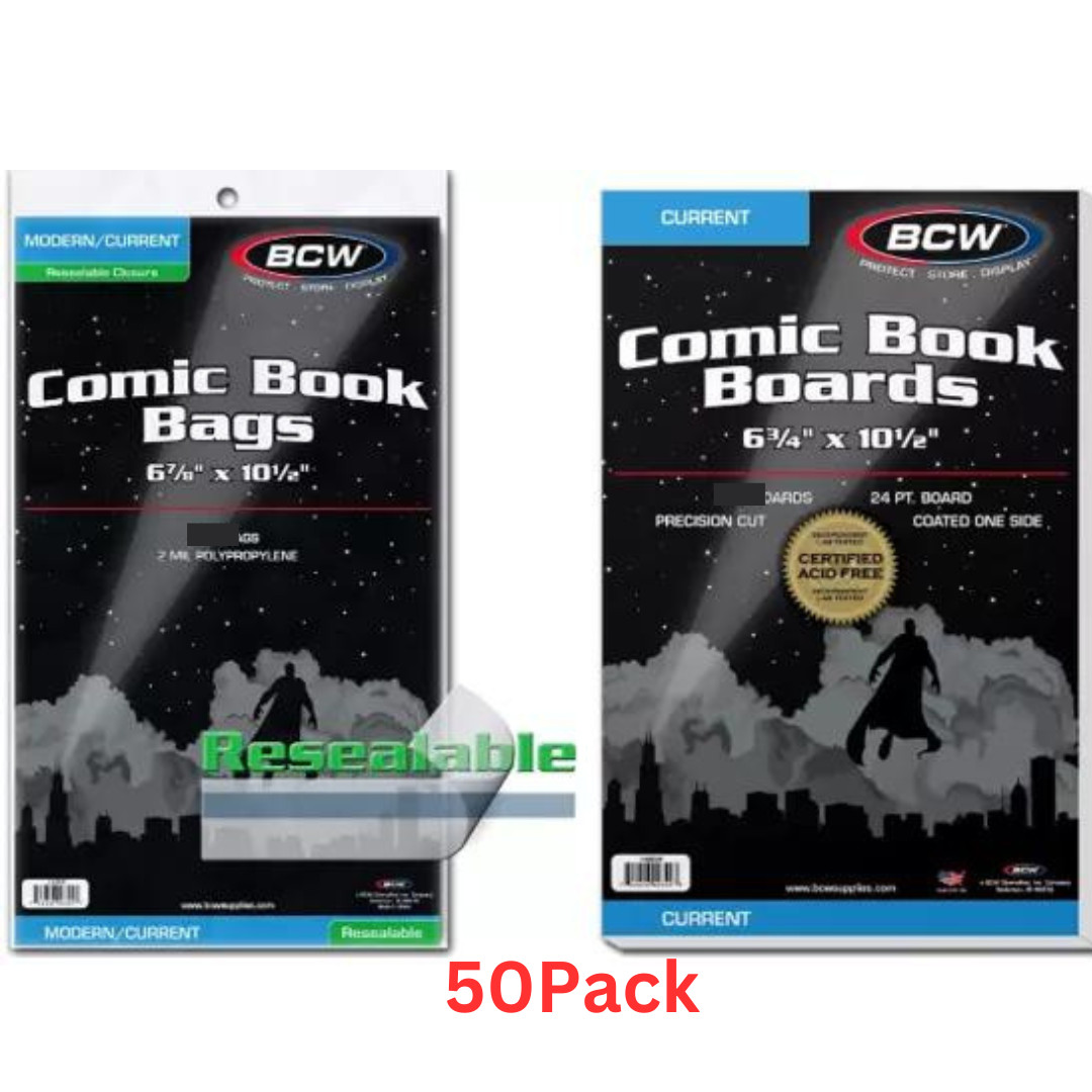 (50 pack) BCW Comic Book Bags (Modern/Current) and Boards Acid Free Resealable