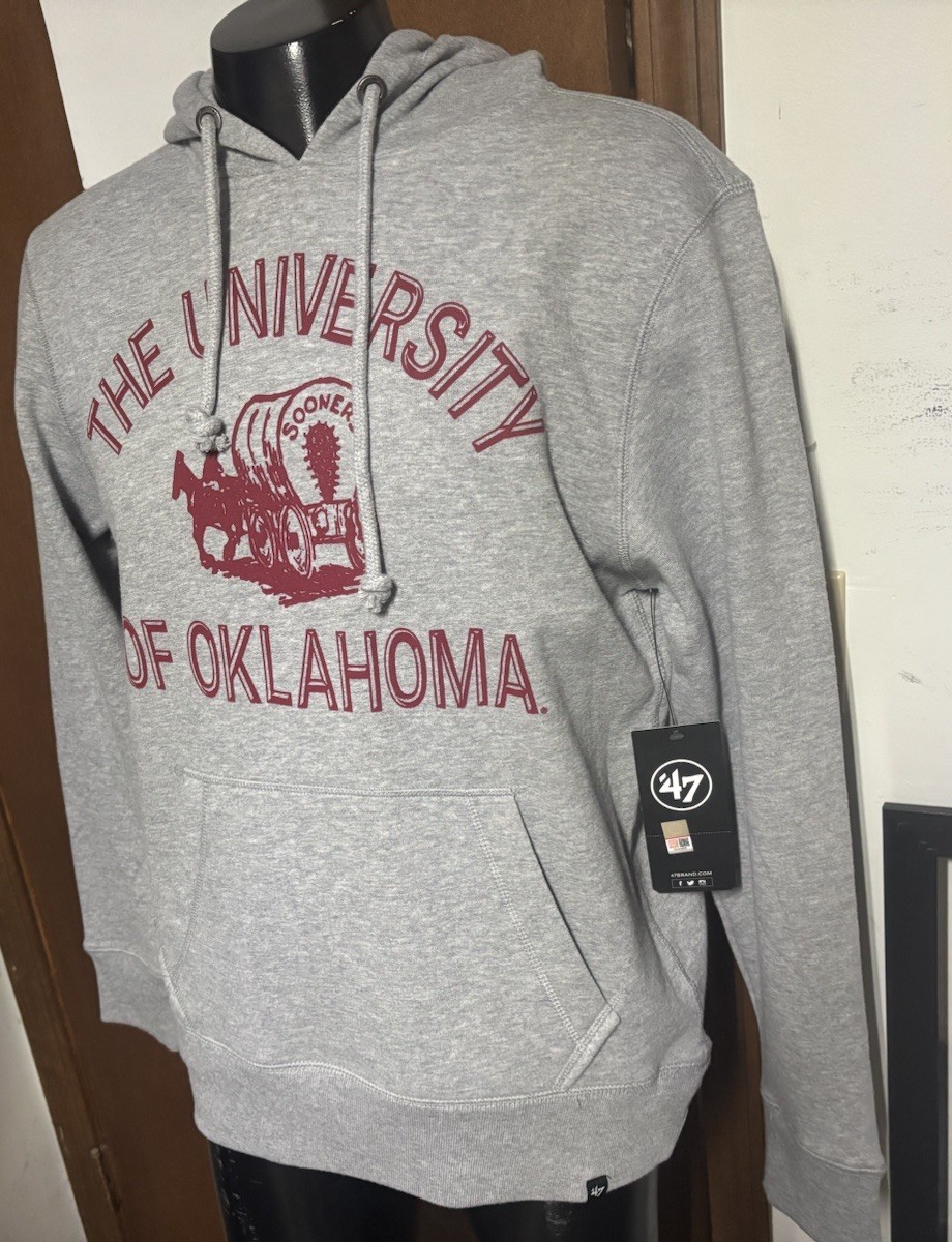 NWT $80 new ‘47 Brand Oklahoma OU Sooners Gray Hoodie Mens L Schooner Wagon