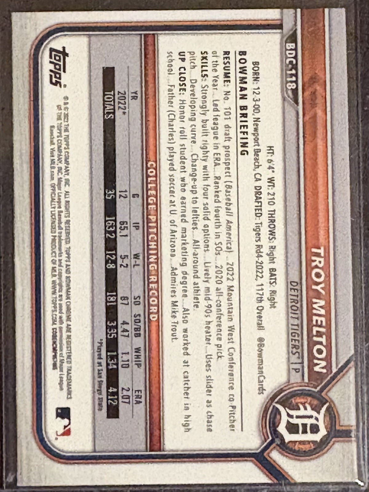 2022 Bowman Chrome Draft Sapphire Edition – Troy Melton #BDC-118 (RC) Tigers