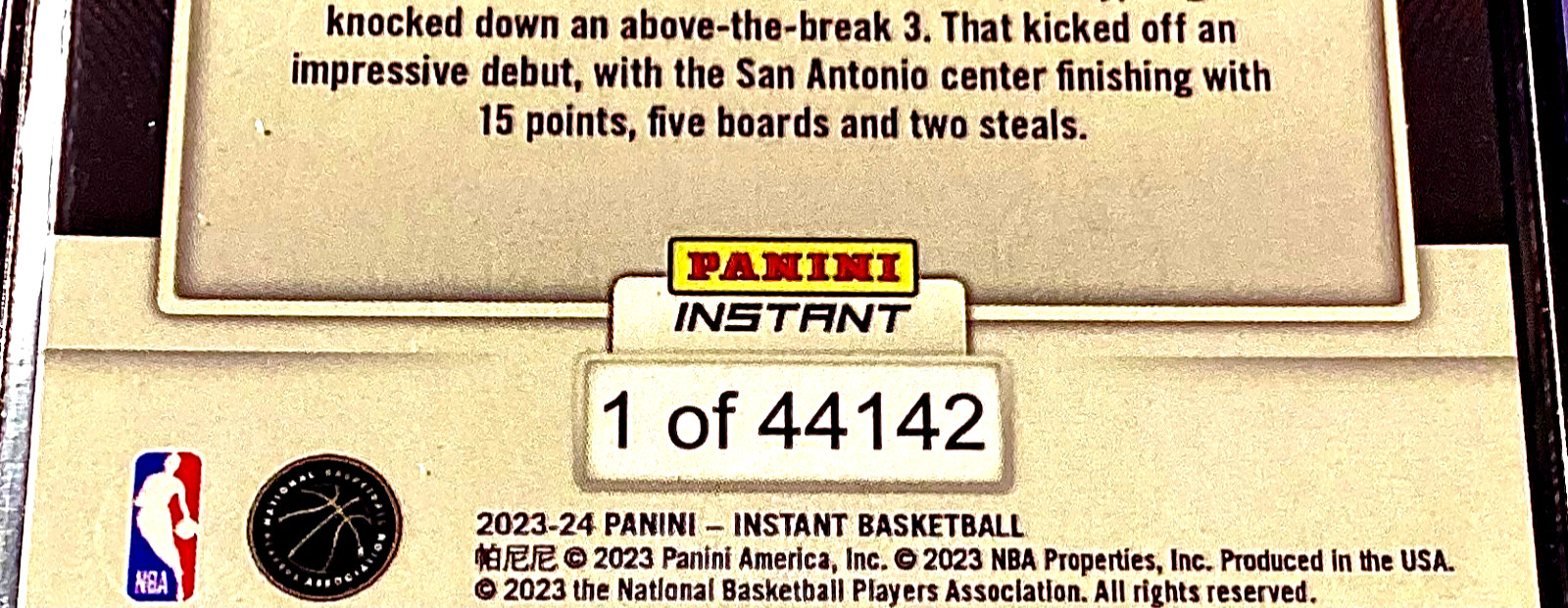 Victor Wembanyama Rookie /44142 SP 2023 Panini Instant RC Logo San Antonio Spurs