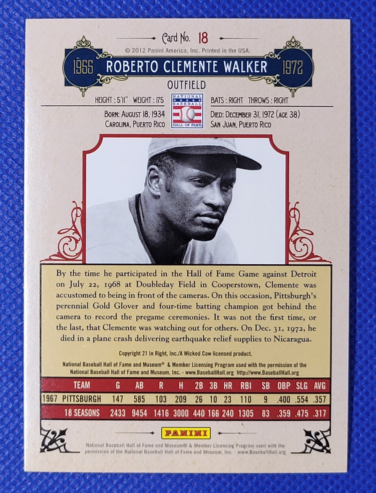 2012 Panini Cooperstown Blue Crystal Collection /499 Roberto Clemente #18 Minty!