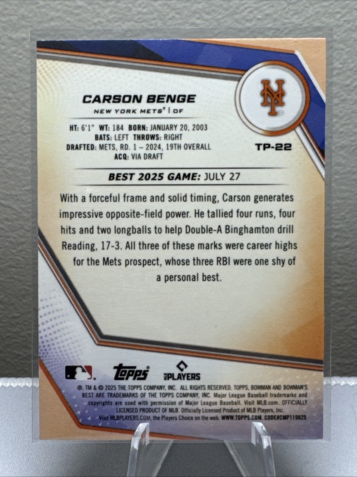 Carson Benge RC 2025 Bowman’s Best Top Prospects Aqua Refractor /199 #TP-22