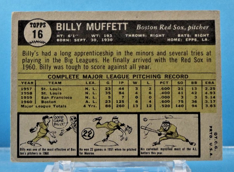 1961 Topps #16 – Billy Muffett – Boston Red Sox – Very Good