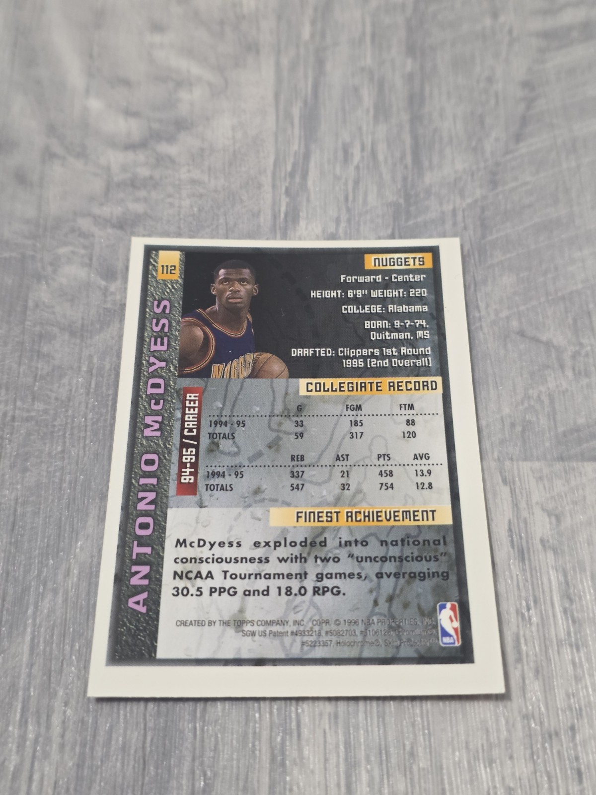 1995-96 Topps Finest ANTONIO McDYESS With Protective Coating RC – D289