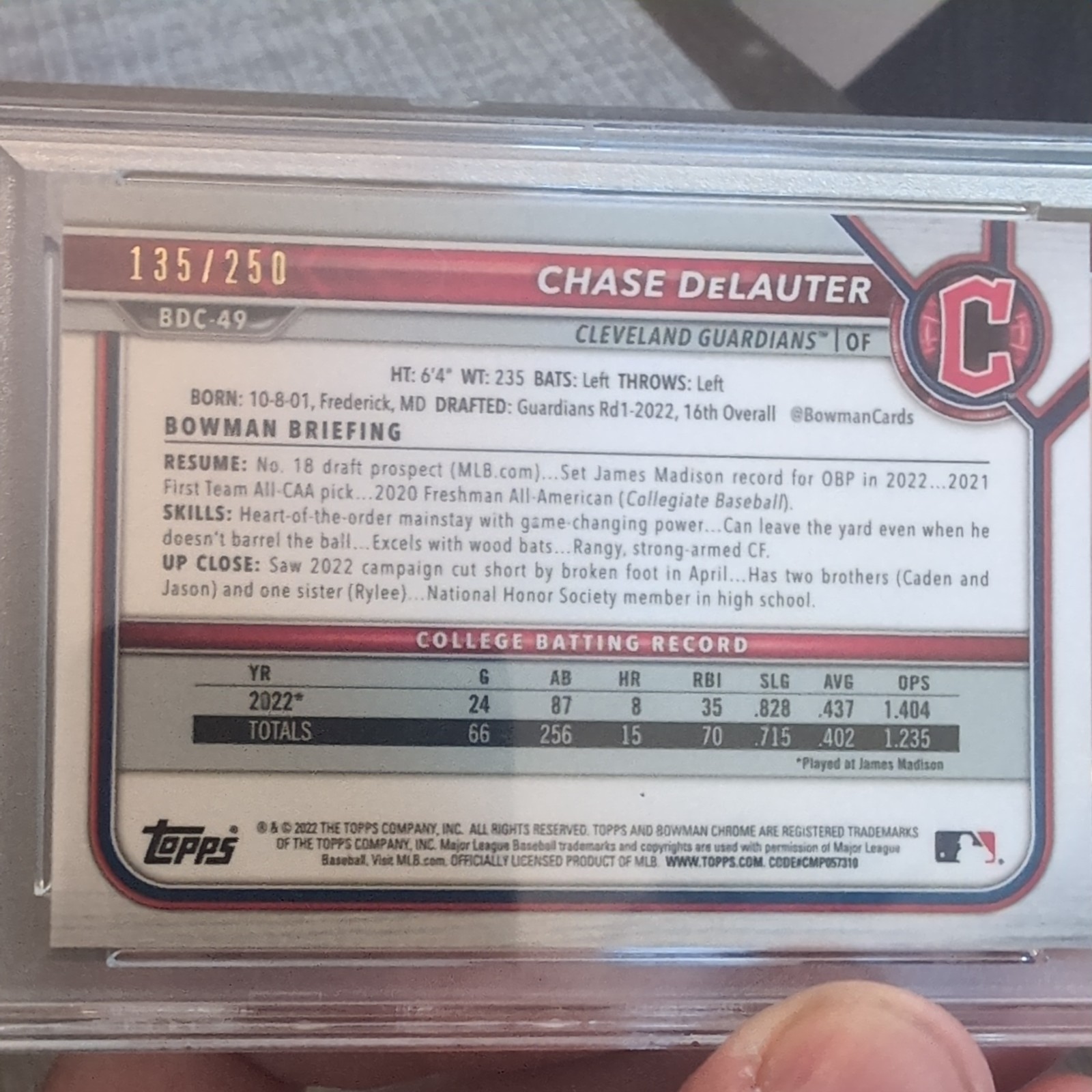 2022 Bowman Draft – Chrome Chase Delauter #BDC-49 Purple Refractor /250 (RC)