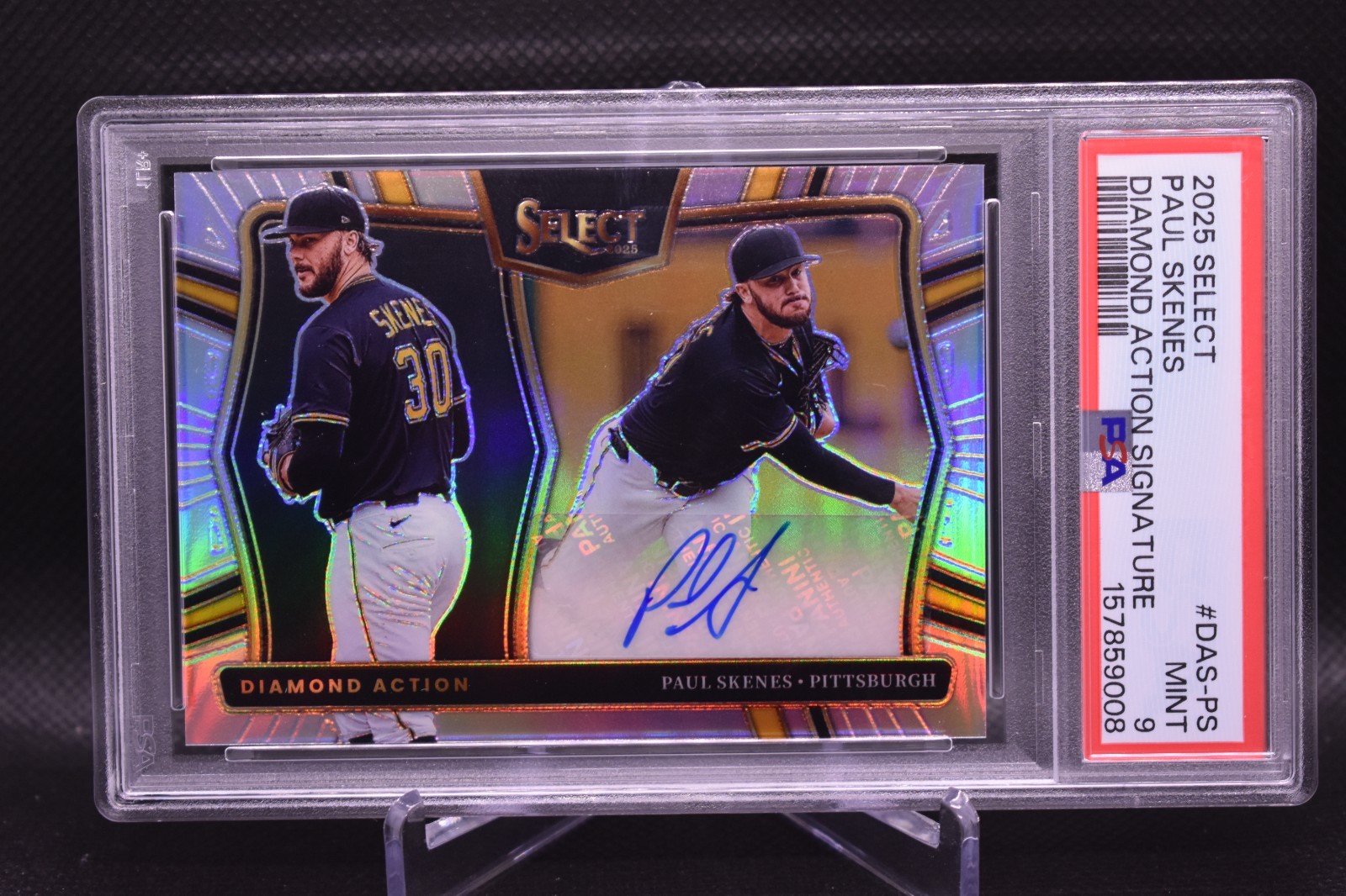 Paul Skenes Auto 2025 Panini Select Diamond Action Signature Silver Prizm PSA 9