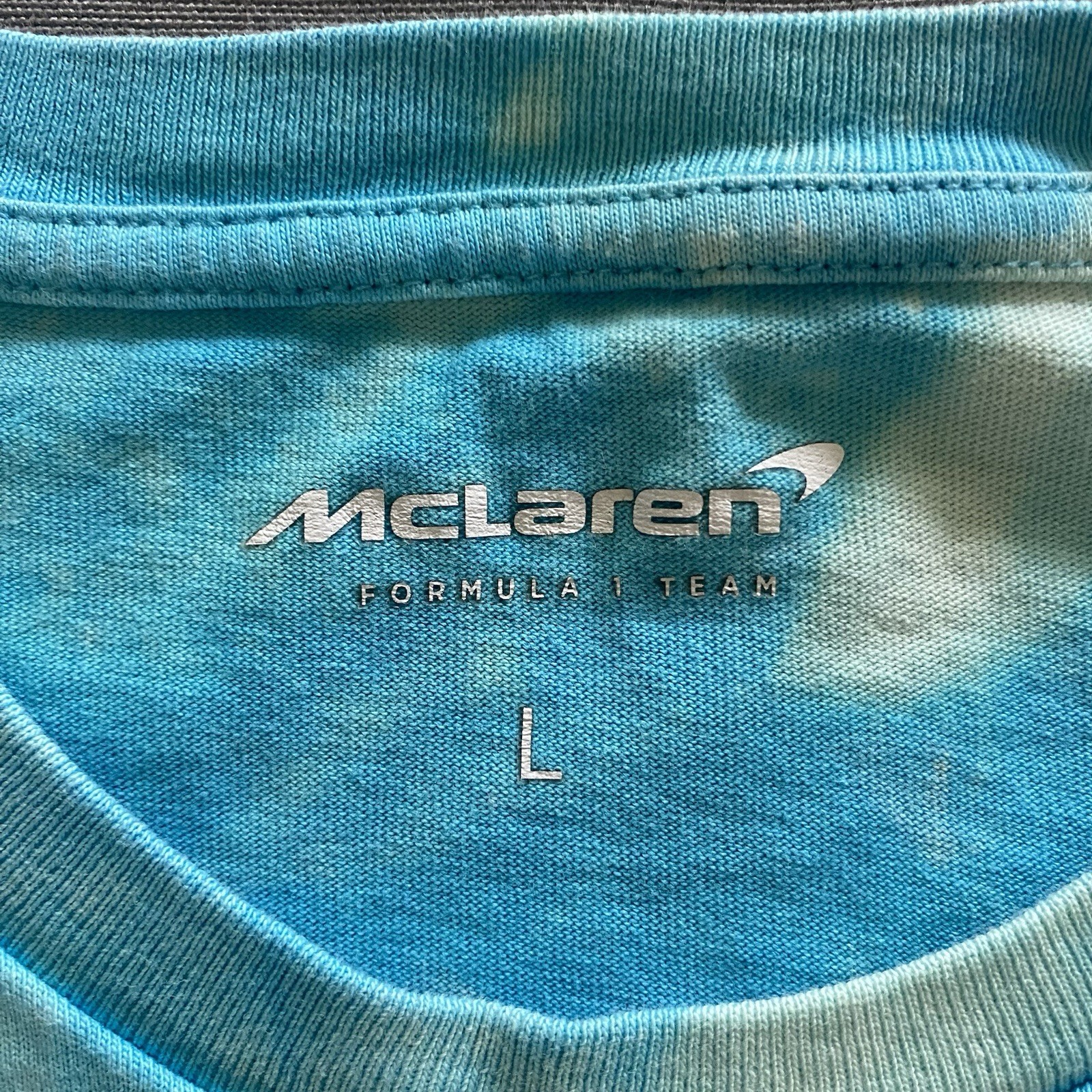 McLaren Formula 1 Team Miami T Shirt Mens Large Light Blue Bleach Dye F1