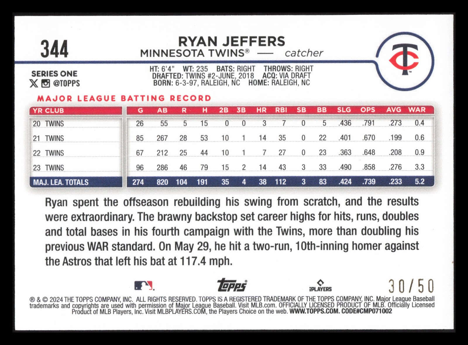 Ryan Jeffers 30/50 Father’s Day Powder Blue 2024 Topps #344 Minnesota Twins