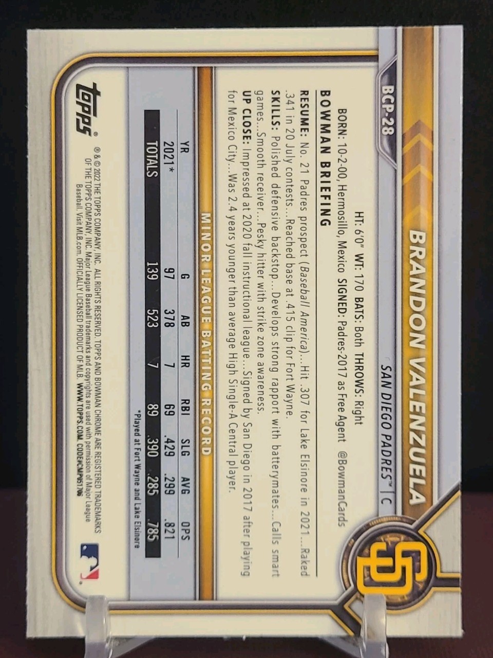 2022 Bowman – Chrome Prospects Brandon Valenzuela #BCP-28 1st Bowman RC