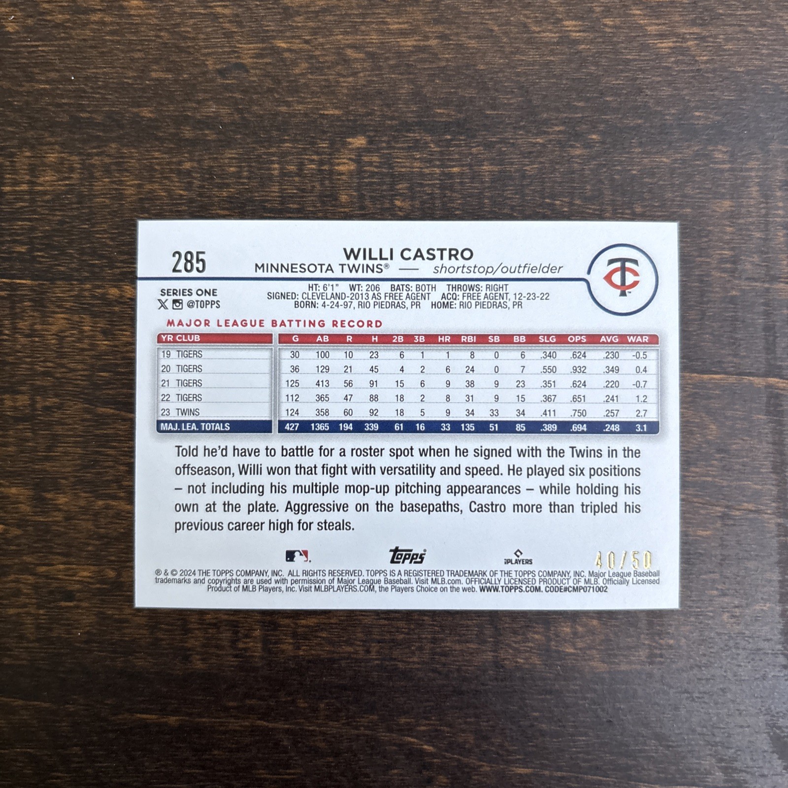 2024 Topps Series 1 #285 Willi Castro Yellow Crackle Foil #/50 Twins