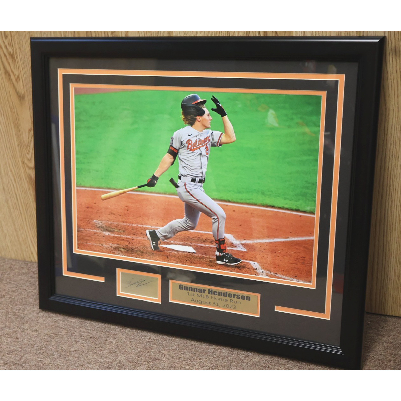 Gunnar Henderson Framed Picture 1st Career Home Run 24×20 Autograph+Name Plaques