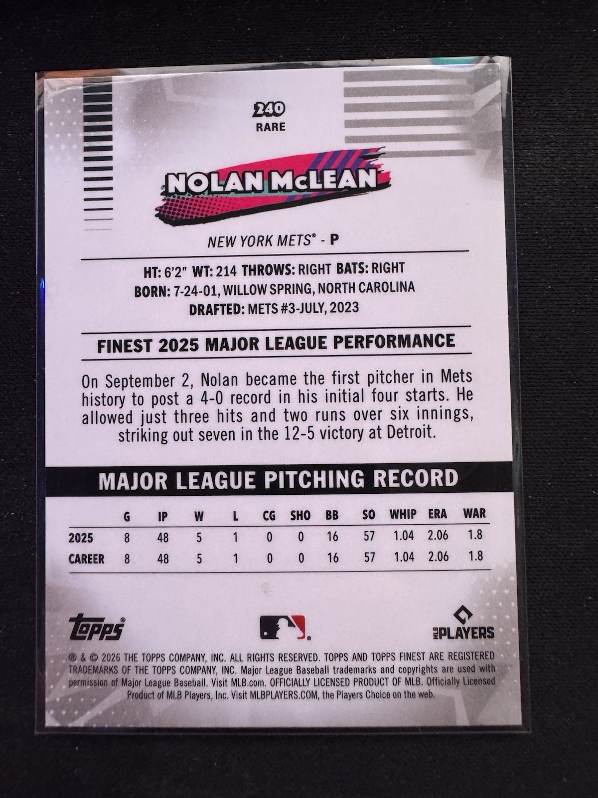 2026 Topps Finest Nolan McLean RARE #240 ROOKIE CARD