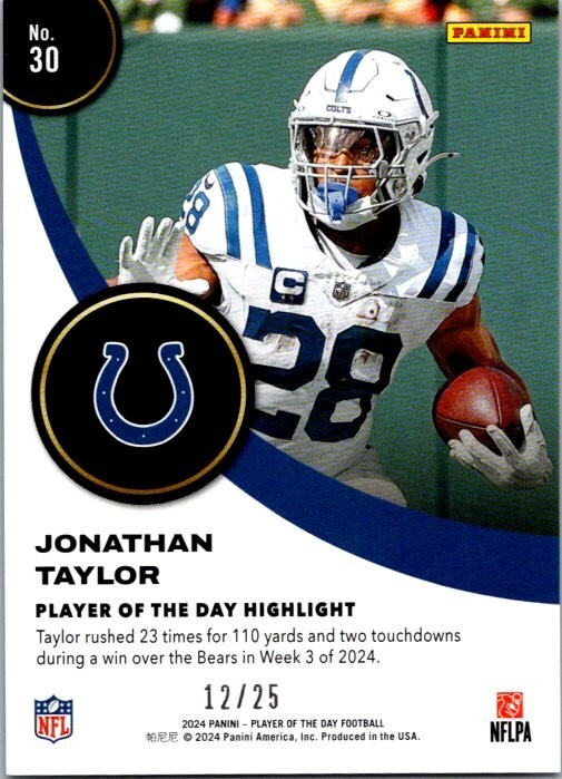 2024 Panini Player of the Day #30 Jonathan Taylor /25 Purple Foil Colts Card