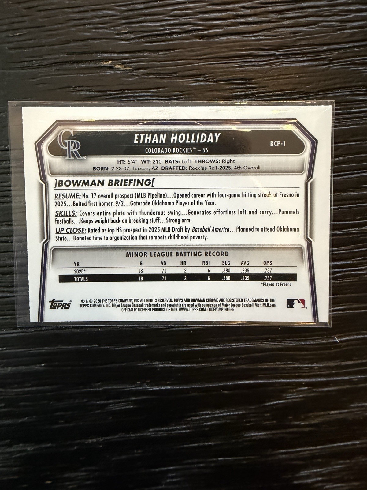 2026 Bowman Baseball Ethan Holiday 1st Fuchsia /299 Mojo Chrome BCP-1 Rockies
