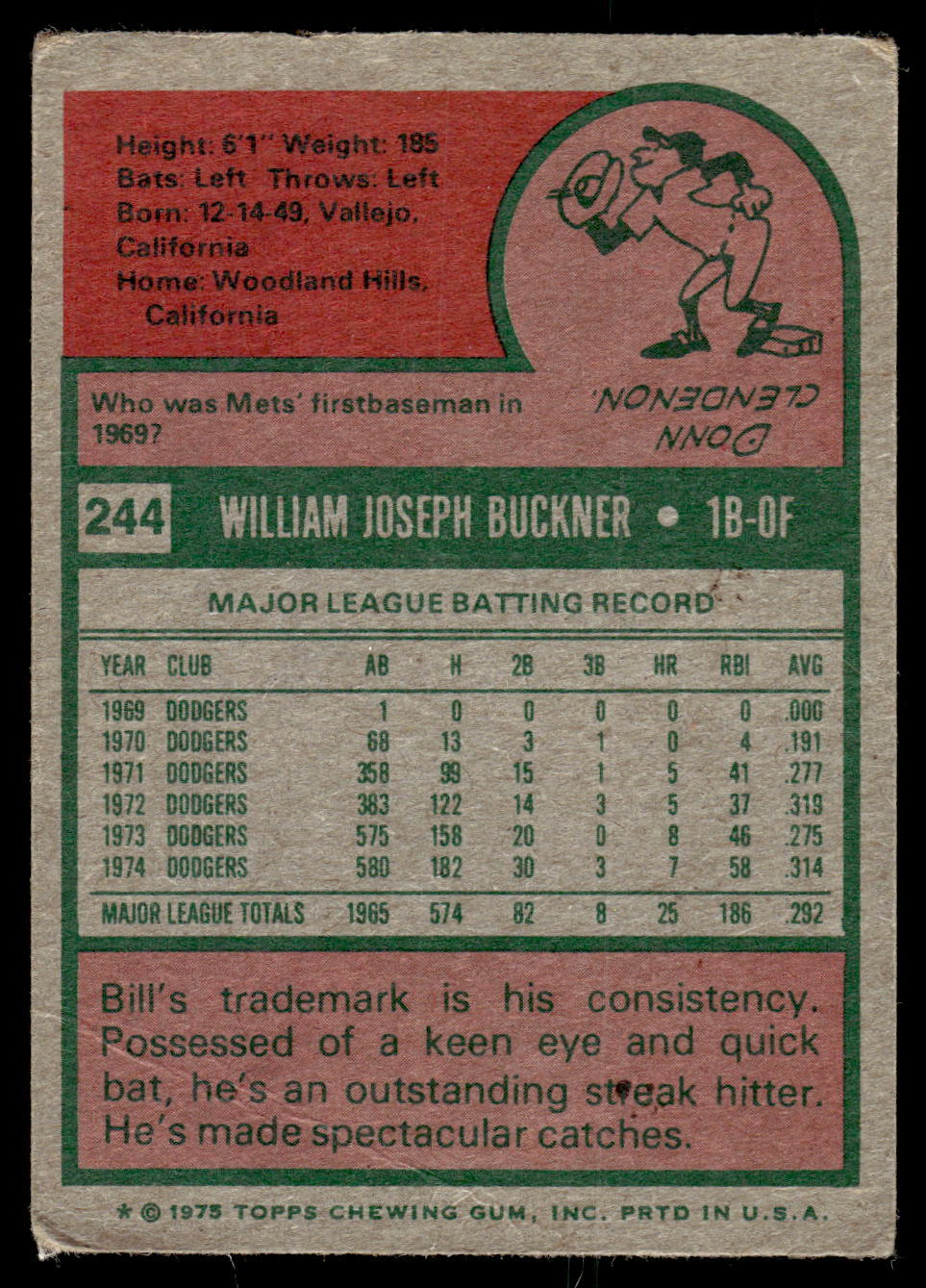 1975 Topps Mini #244 Bill Buckner See Scan