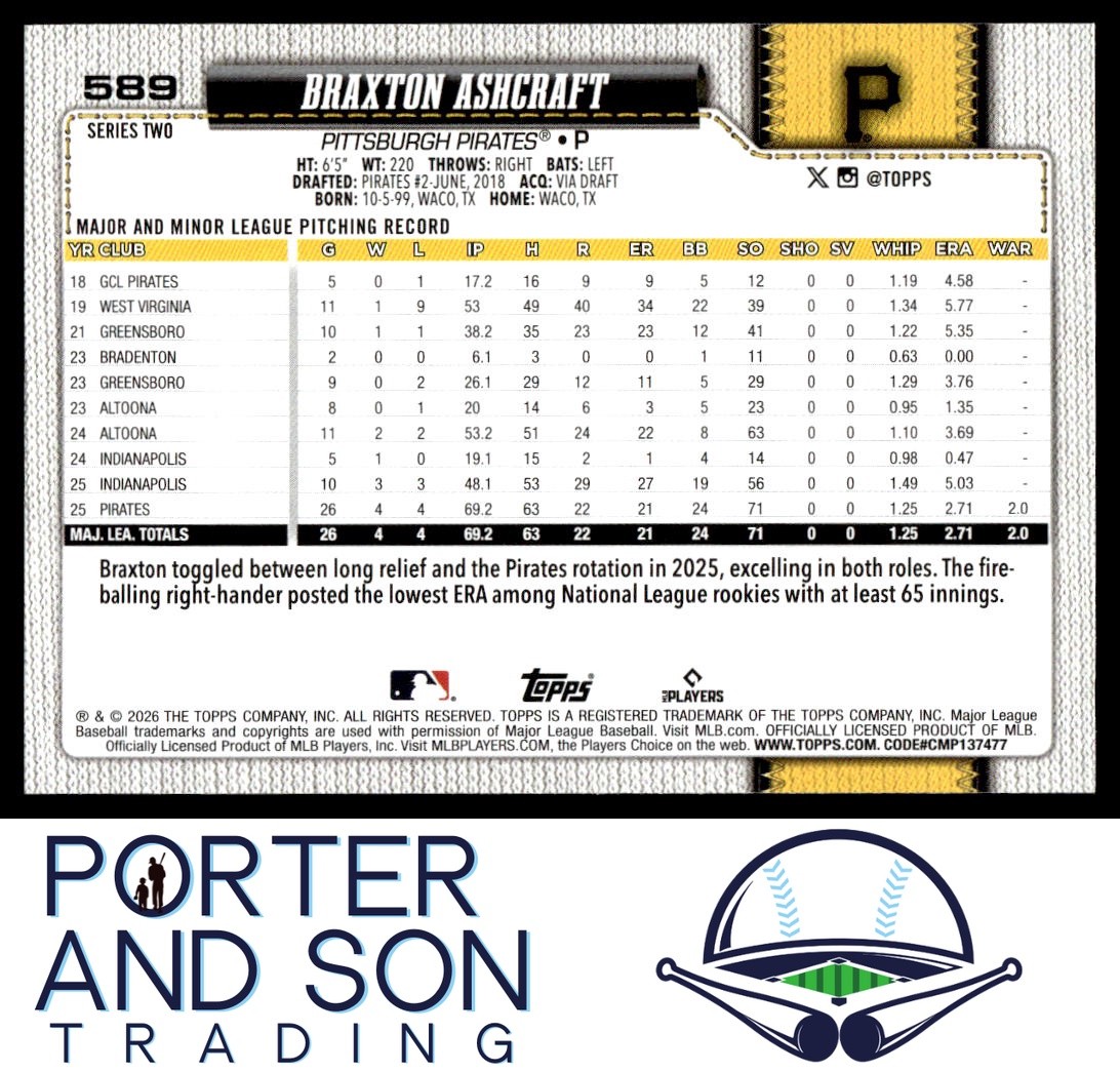 Braxton Ashcraft 2026 Topps #589 Pittsburgh Pirates Baseball Card
