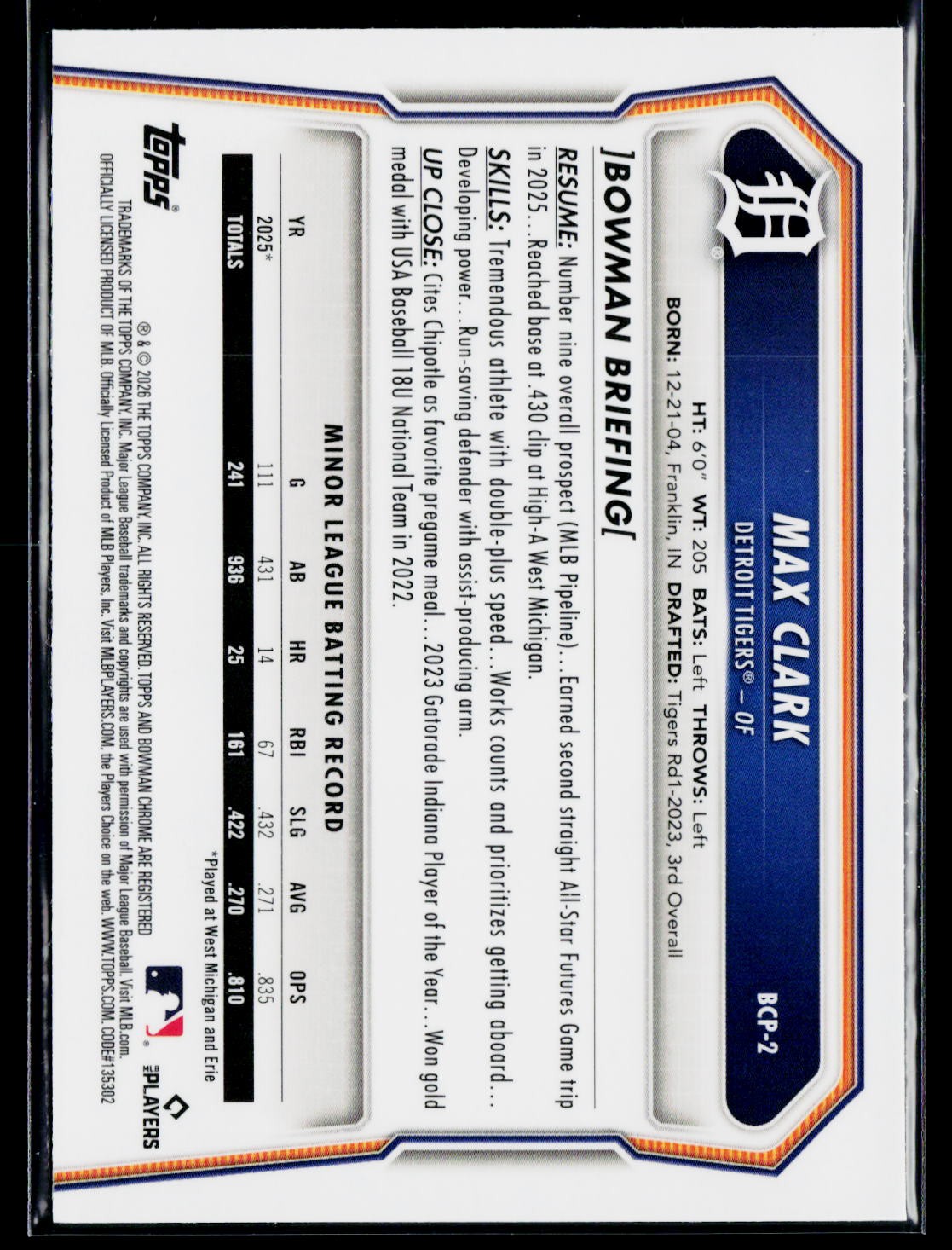 2026 Bowman #BCP-2 Max Clark Chrome Prospects