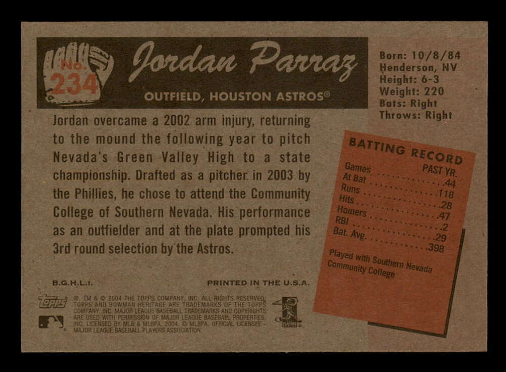 2004 Bowman Heritage #234 Jordan Parraz RC/Rookie (SP/Short Print) Astros z