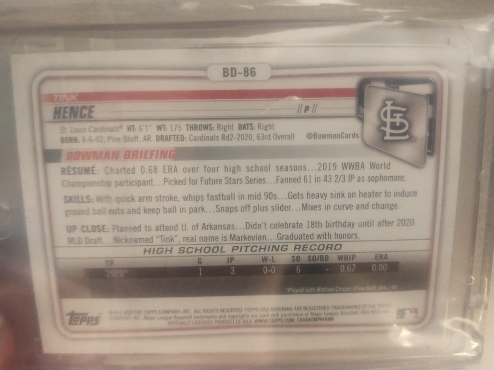 2020 Bowman 1st Edition Orange Foil /25 Tink Hence #BD-86 Cardinals 💯🔥🚀📈😎