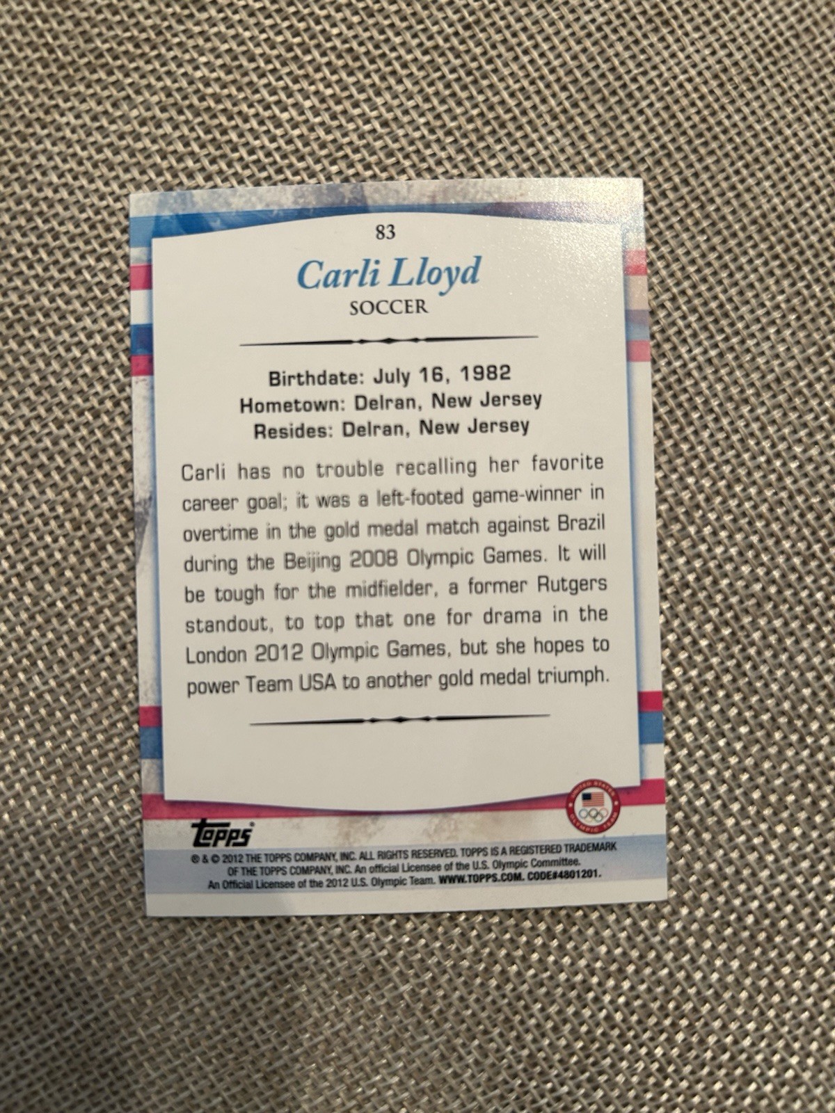 2012 Topps U.S. Olympic Team and Olympic Hopefuls – Carli Lloyd #83 ROOKIE!