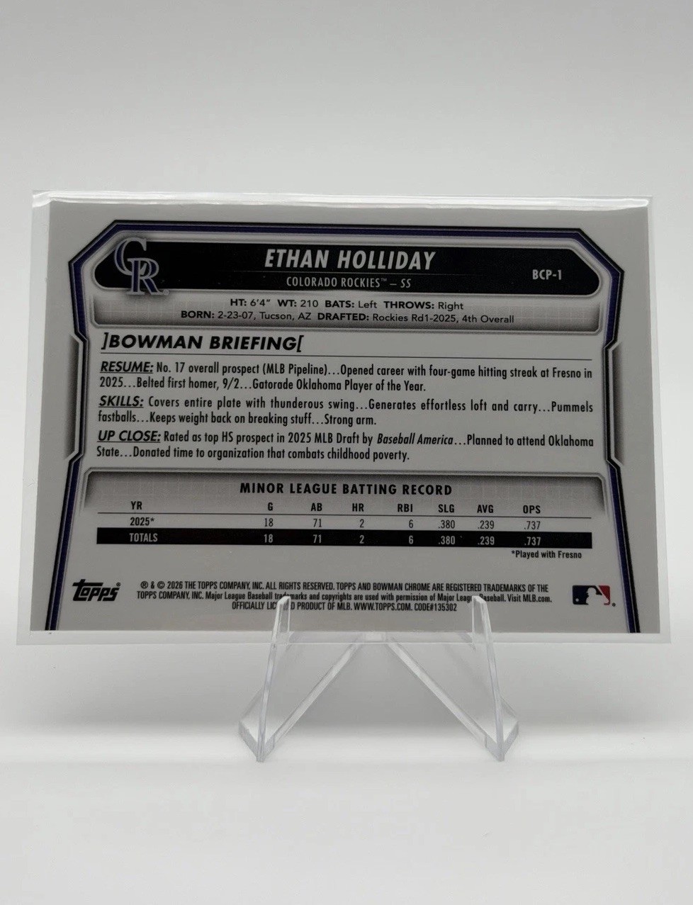 2026 Bowman Chrome Ethan Holliday 1st Bowman Lazer Laser Refractor BCP-1 Rockies