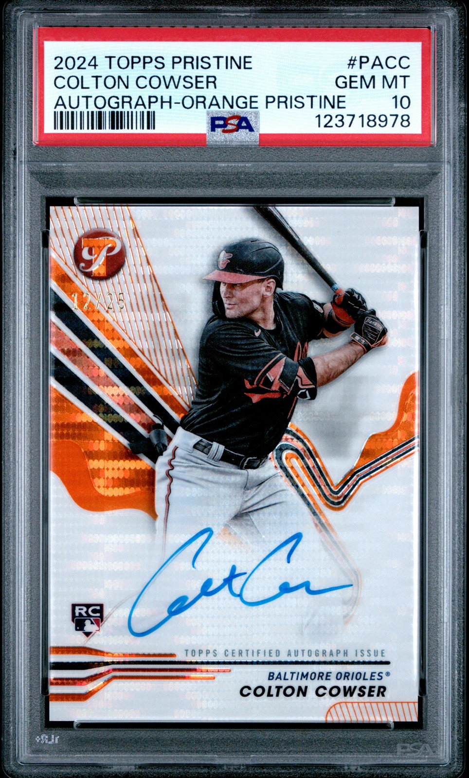 2024 Topps Pristine #PA-CC Colton Cowser Auto Orange Pristine PSA 10 #/25