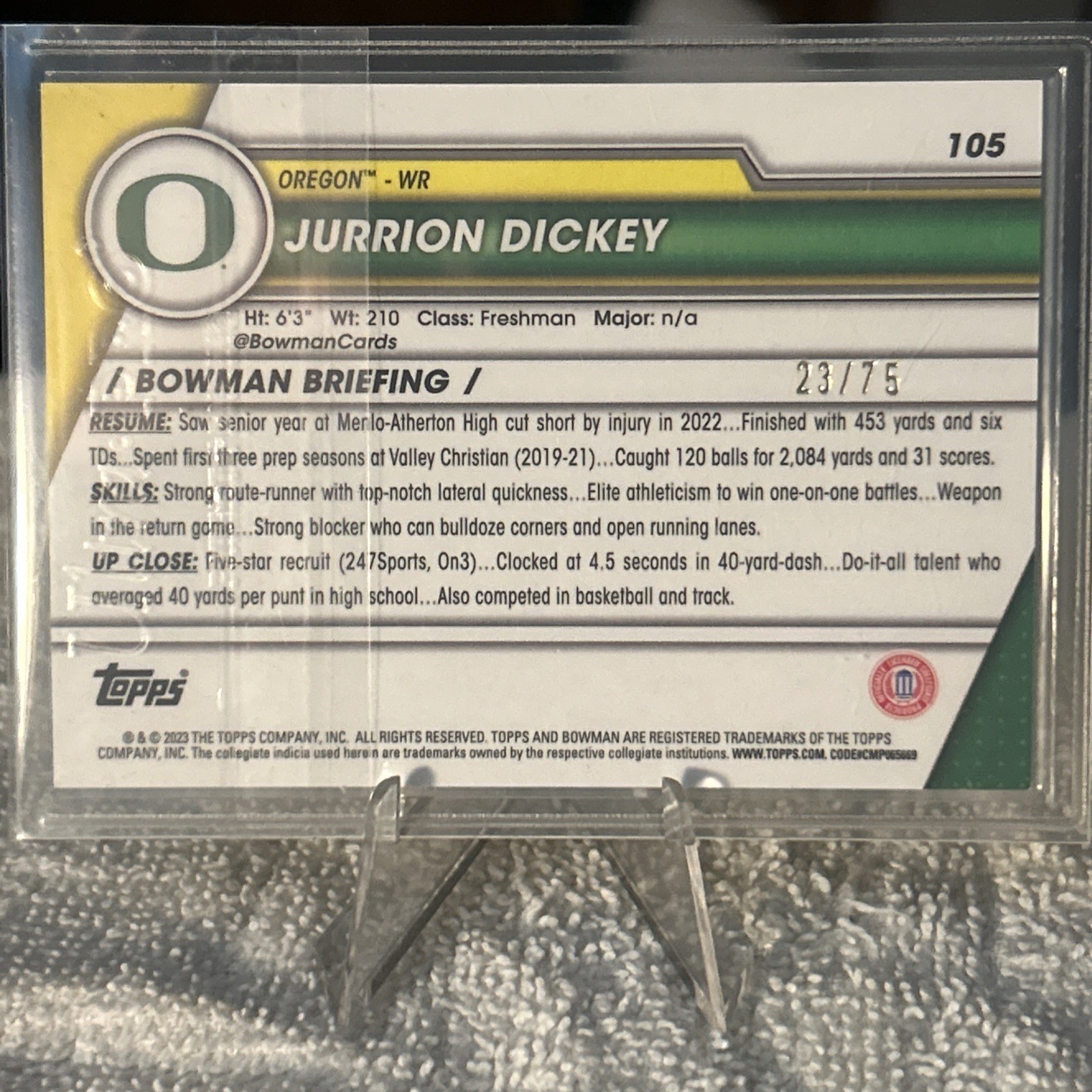 2023 Bowman University Chrome – Jurrion Dickey #105 Yellow Refractor /75 (RC)