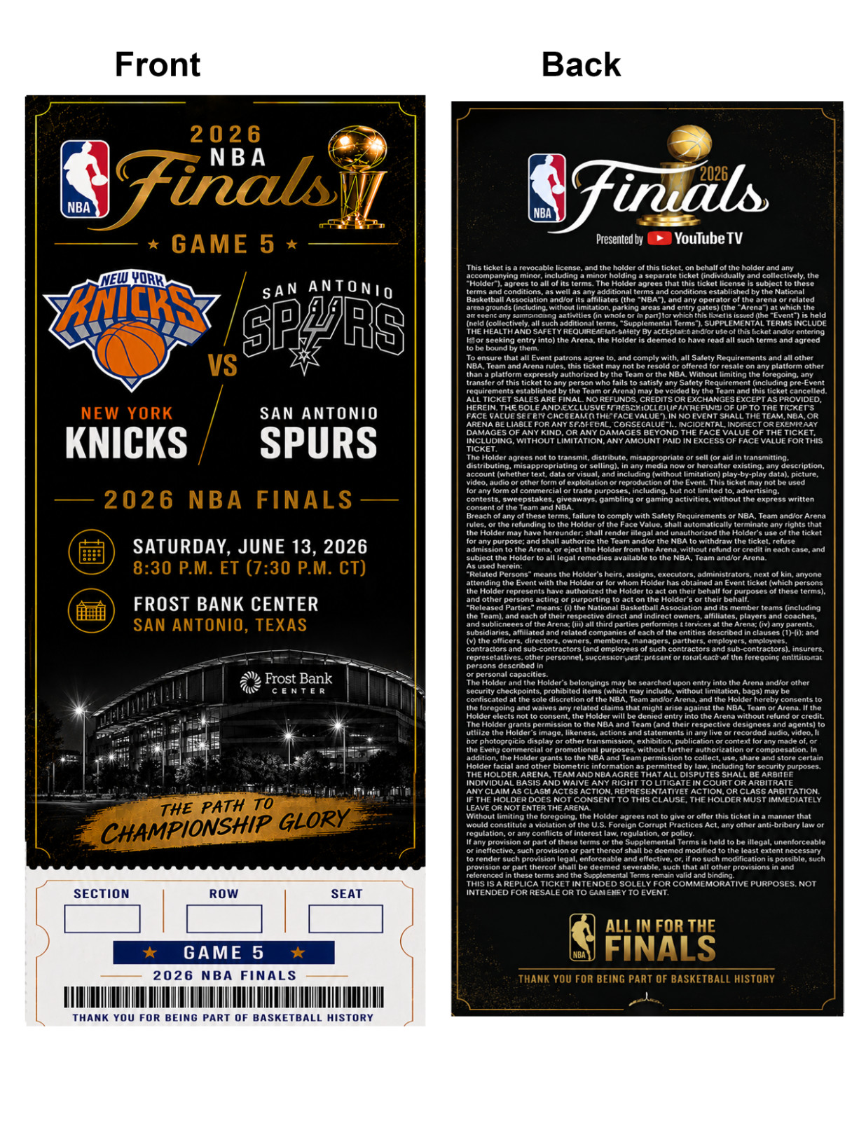 NY Knicks Vs SA Spurs NBA Finals Game 5 Commemorative Ticket Stub Custom