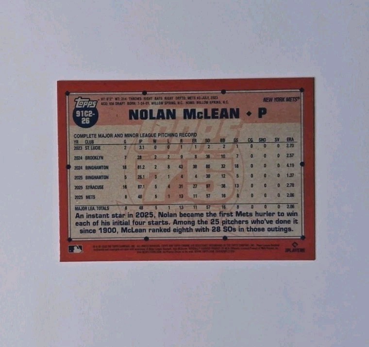 2026 Topps Series 2 #91C2-26 Nolan McLean blue mojo refractor RC 150/150
