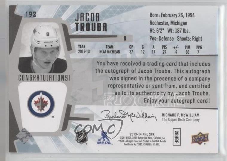 2013-14 SPx 110/499 Jacob Trouba #192 Rookie Auto RC 0m8f