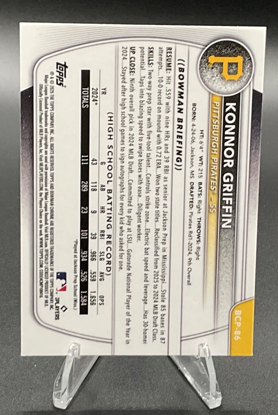 2025 Bowman – Chrome Prospects Konnor Griffin #BCP-86 Reptilian Refractor (RC)
