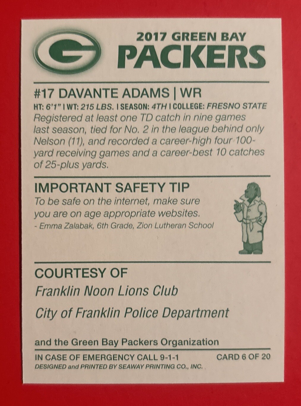 2017 GREEN BAY PACKERS DAVANTE ADAMS Regional Police Safety Football Card RAMS