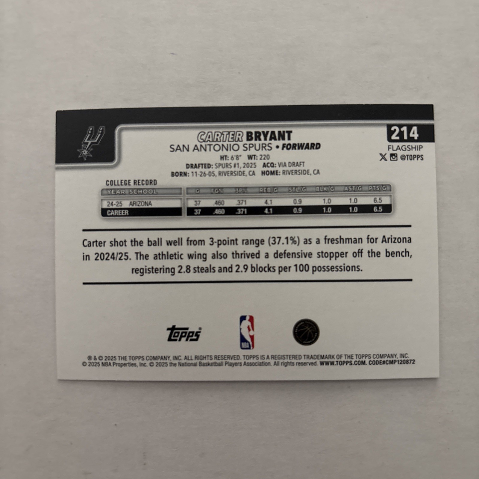 2025-26 Topps Carter Bryant #214 Rainbow Holo Foil Rookie RC Spurs NBA Finals 🏀