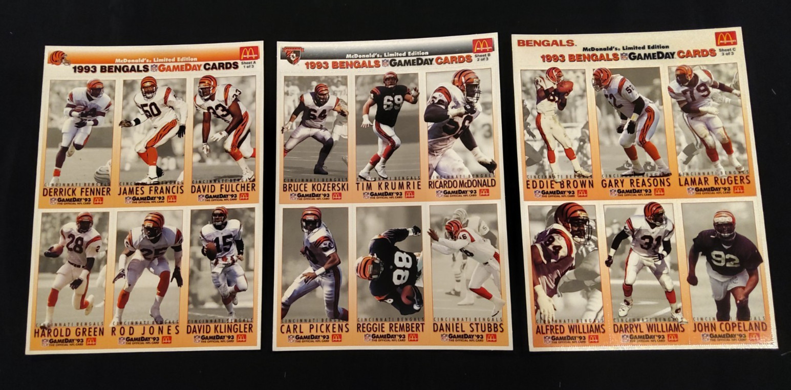 1993 NFL GameDay McDonald’s CINCINNATI BENGALS Team Set NM/MT A,B,C 18 cards