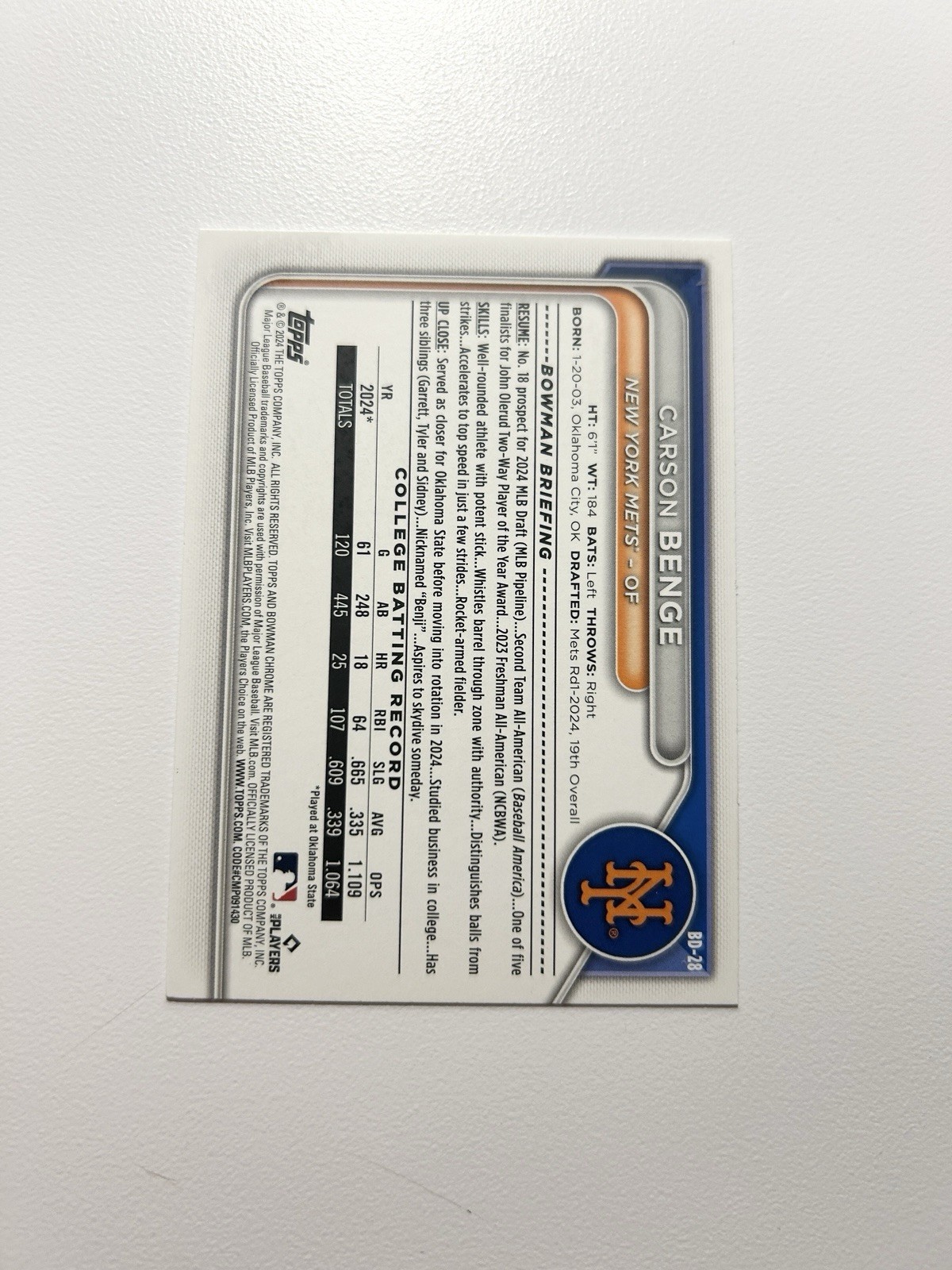 2024 Bowman Draft Carson Benge Autographed Signed Card 1st Paper New York Mets